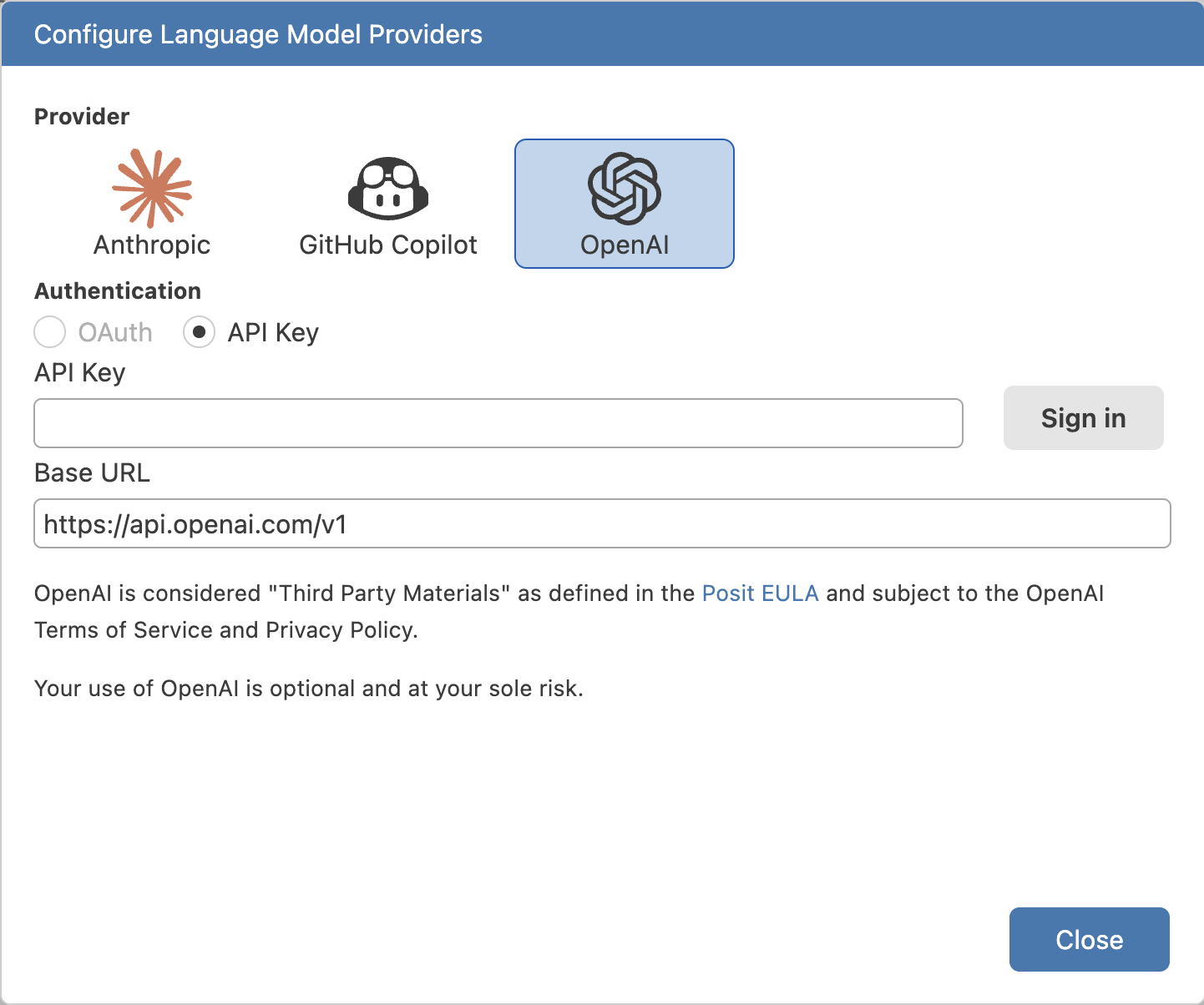 OpenAI selected in provider modal